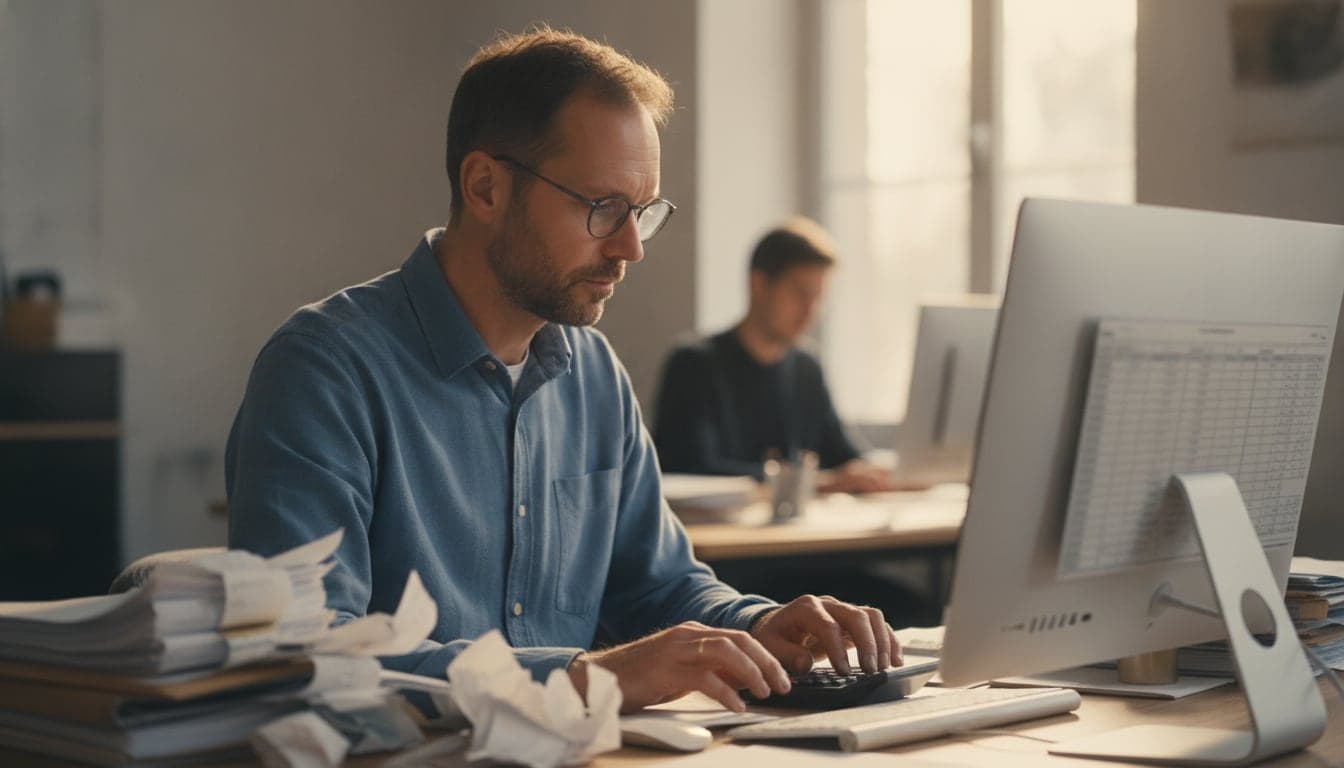 Accountant working concentrated between stacks of invoices and receipts
