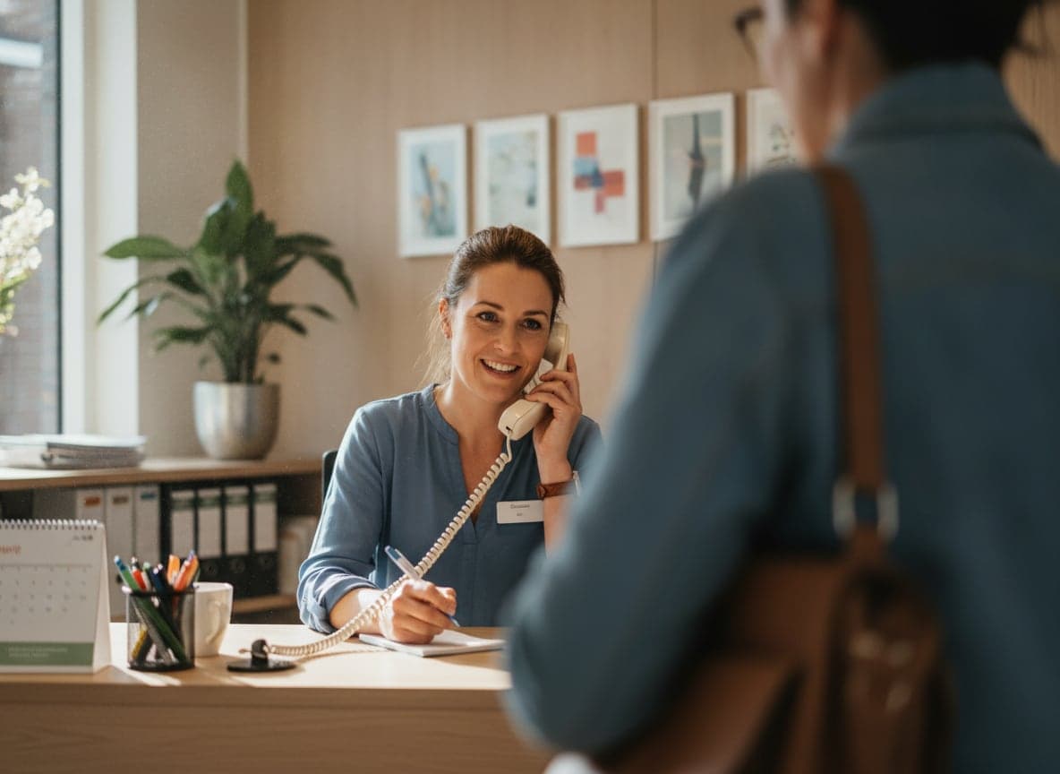 Receptionist with the phone between ear and shoulder while a customer waits at the desk