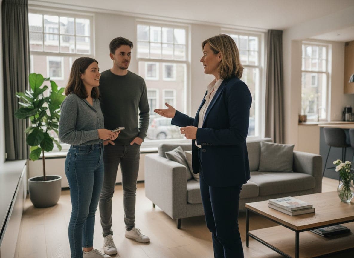 Real estate agent giving a couple a viewing in a bright Dutch living room