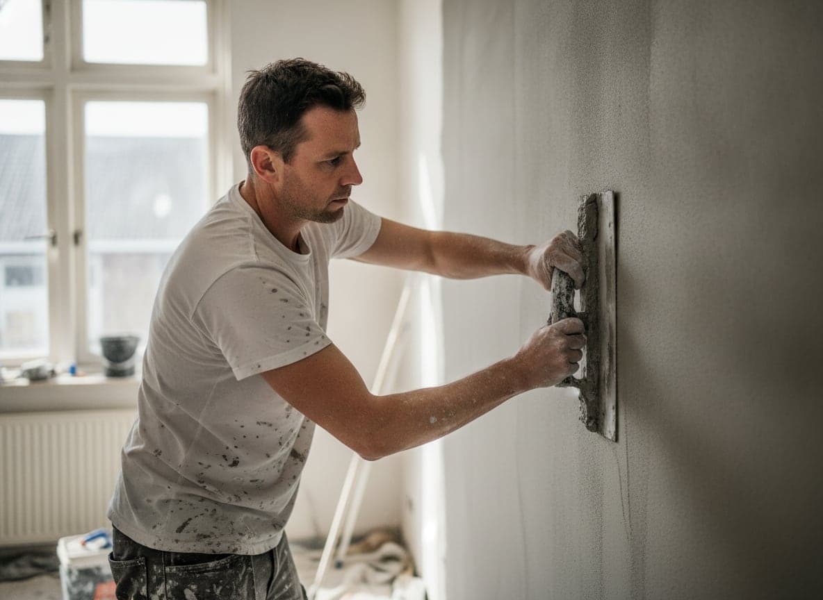 Plasterer smoothing a wall while Cleo answers the phone